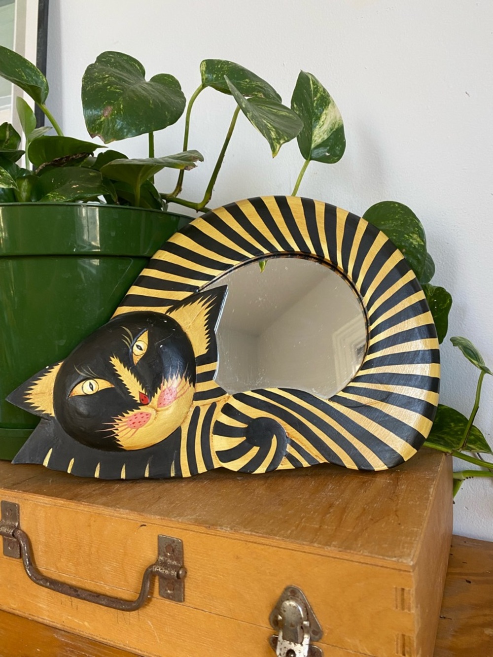Vintage Hand Card Hand Painted Striped Cat Wall Mirror